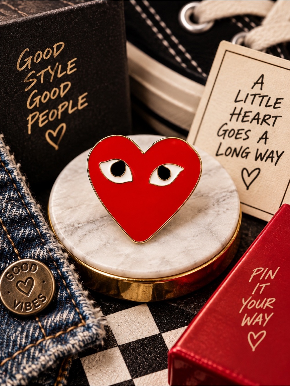 Red Heart Eyes Enamel Lapel Pin Gold Tone Streetwear Pop Art